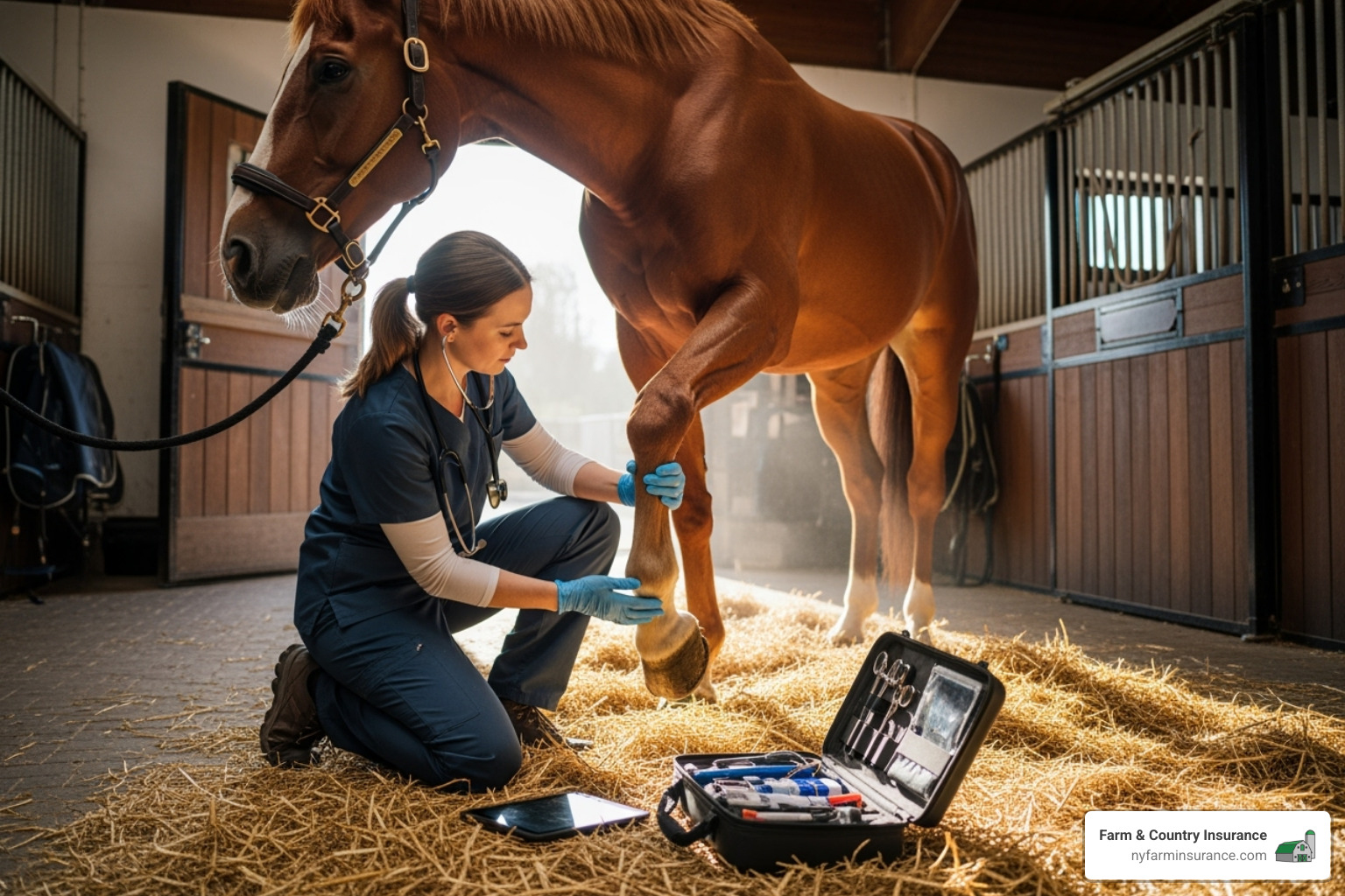 veterinarian examining horse's leg - equine insurance broker veterinarian examining horse's leg - equine insurance broker