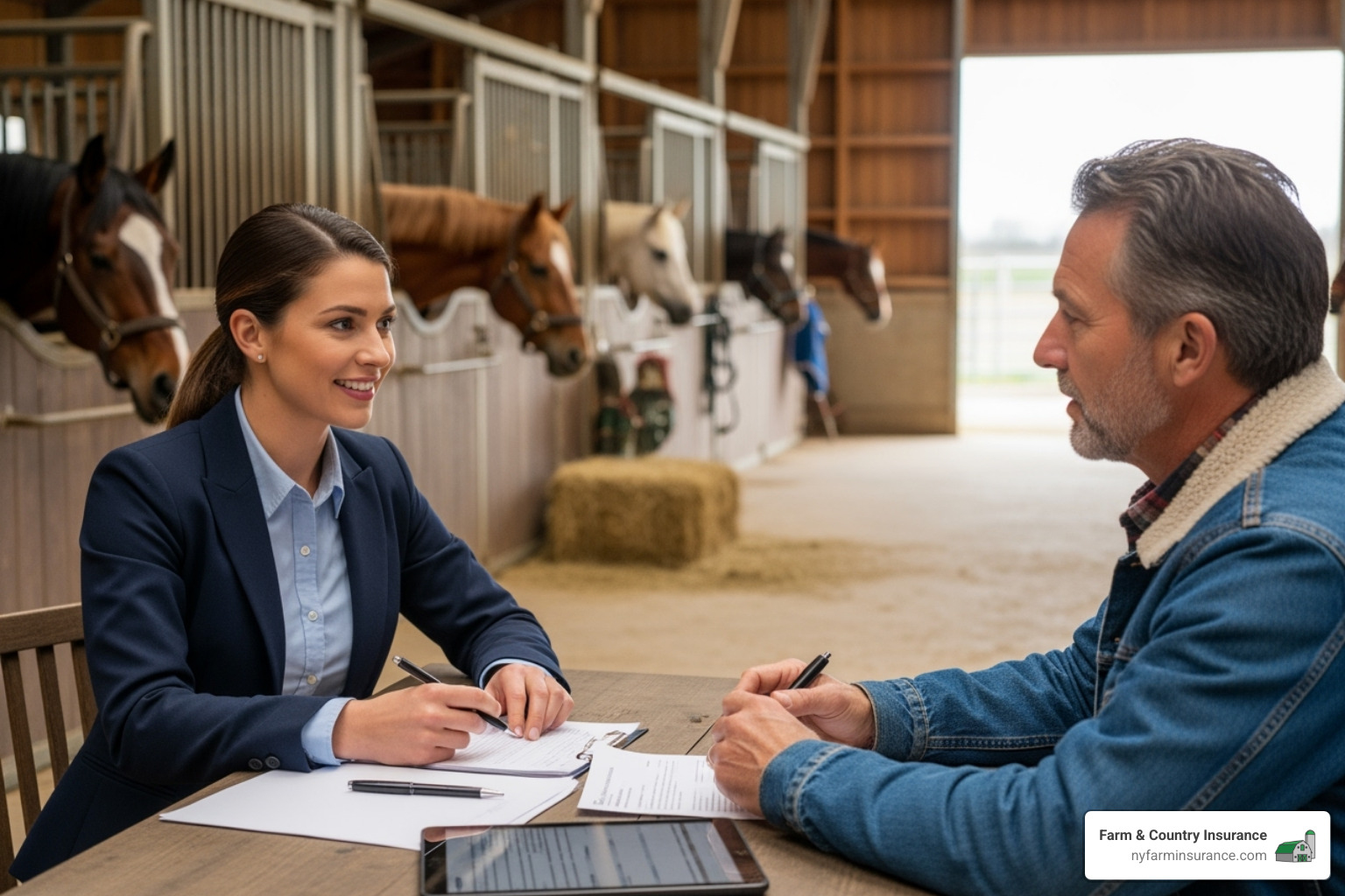 person having a professional consultation with an insurance advisor in a barn setting - equine insurance broker person having a professional consultation with an insurance advisor in a barn setting - equine insurance broker