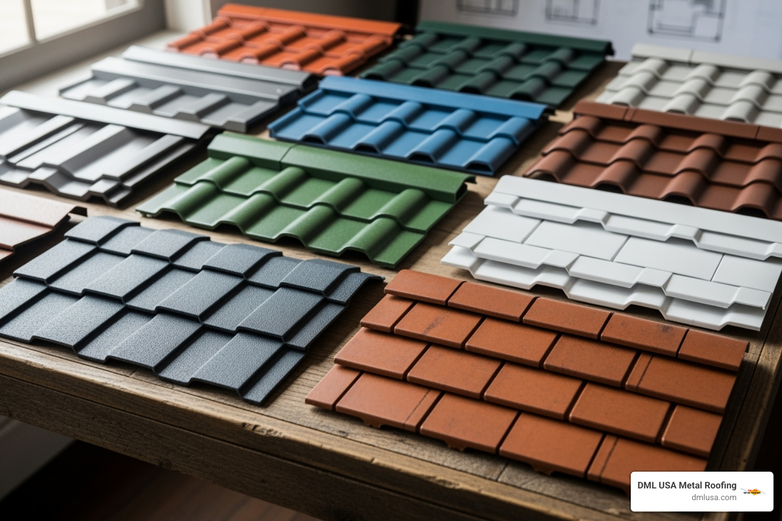 different metal roofing material samples and finishes - roof installation chicago