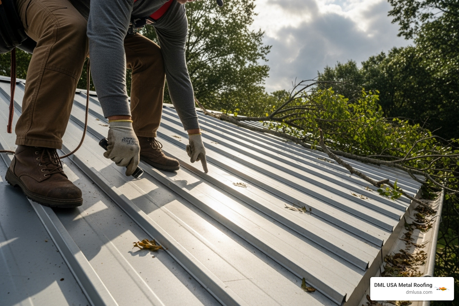 roofer inspecting a metal roof after a storm - roof installation chicago