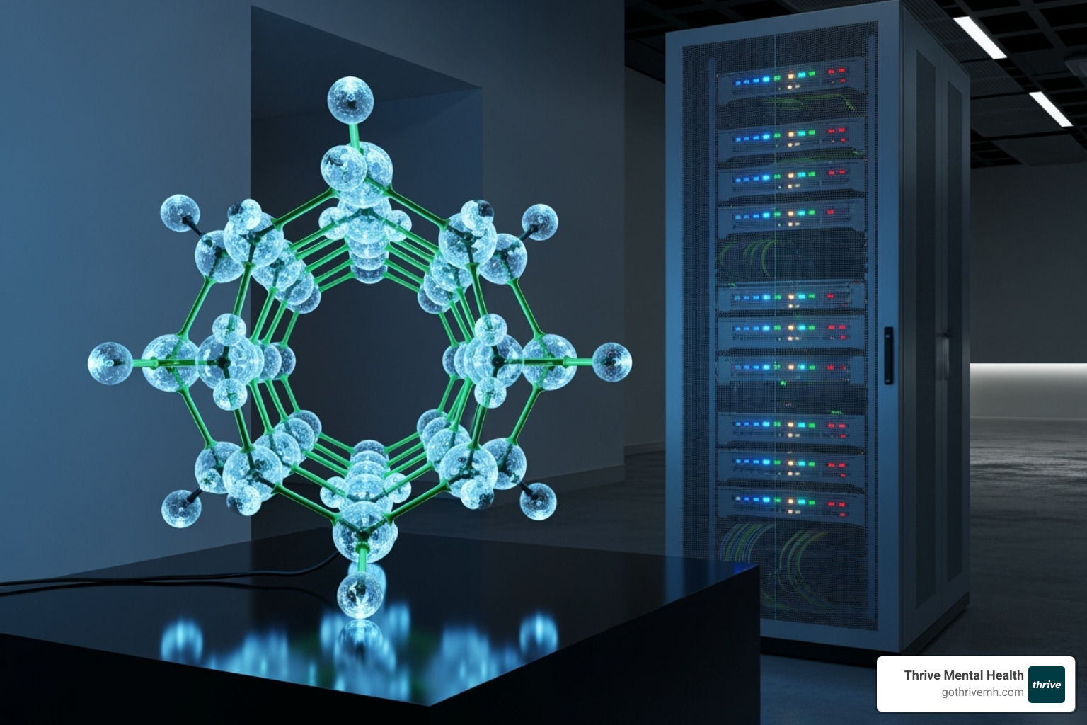 Image of a chemical structure next to a computer server rack - mbt meaning