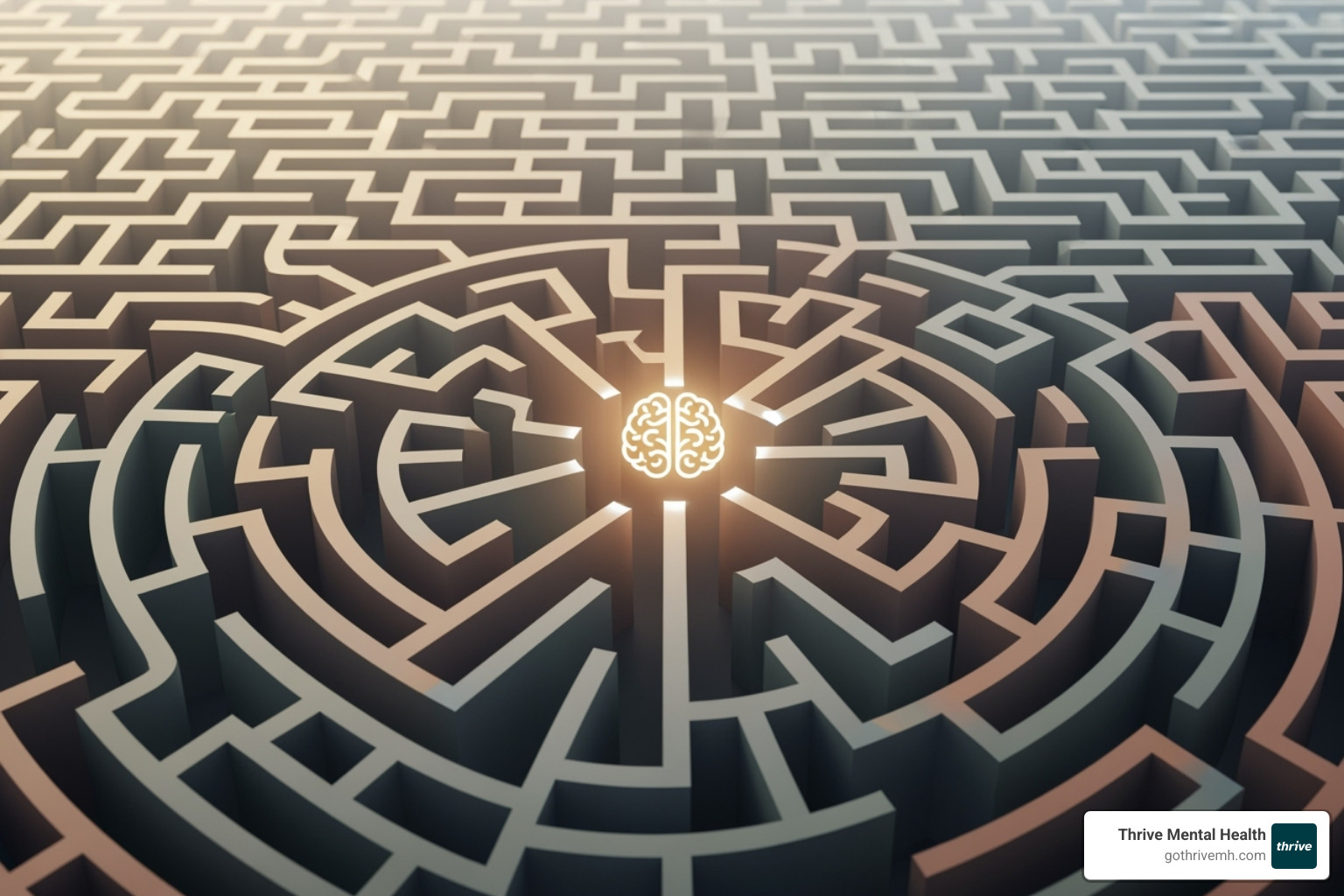 A winding maze leading to a stylized brain icon, symbolizing the complex journey to access mental healthcare - insurance companies
