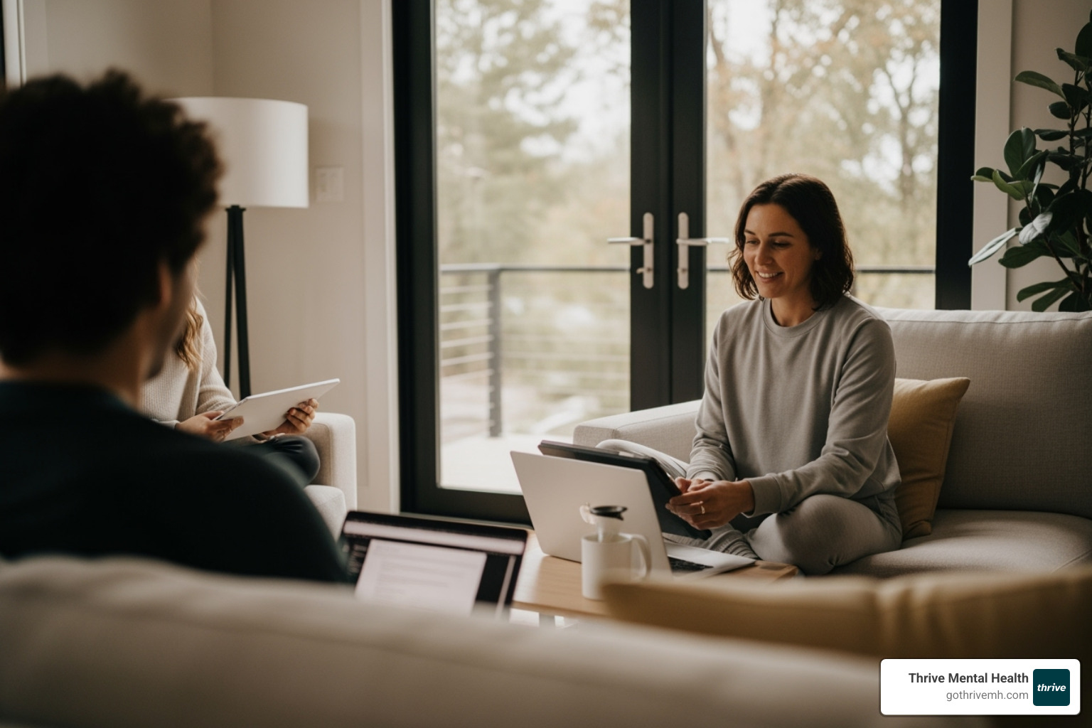 a person comfortably participating in a virtual group therapy session from their home - adult outpatient mental health