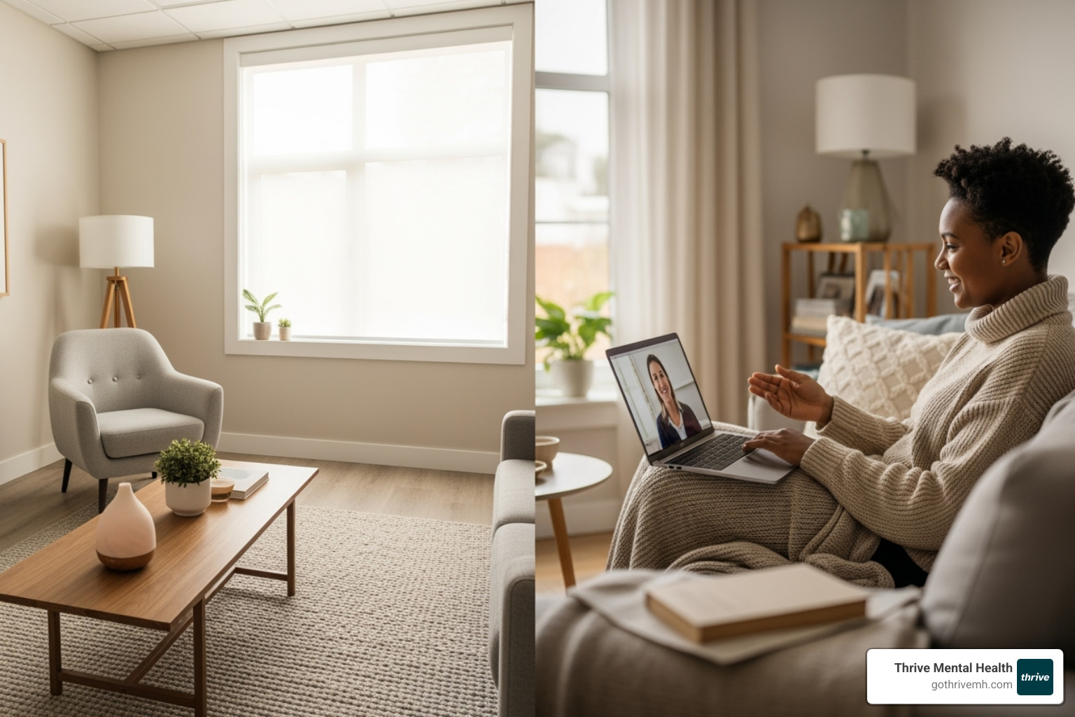 Split screen showing a serene, modern in-person therapy room on one side and a person comfortably attending a virtual session on a laptop at home on the other, both bathed in natural light - adult virtual iop