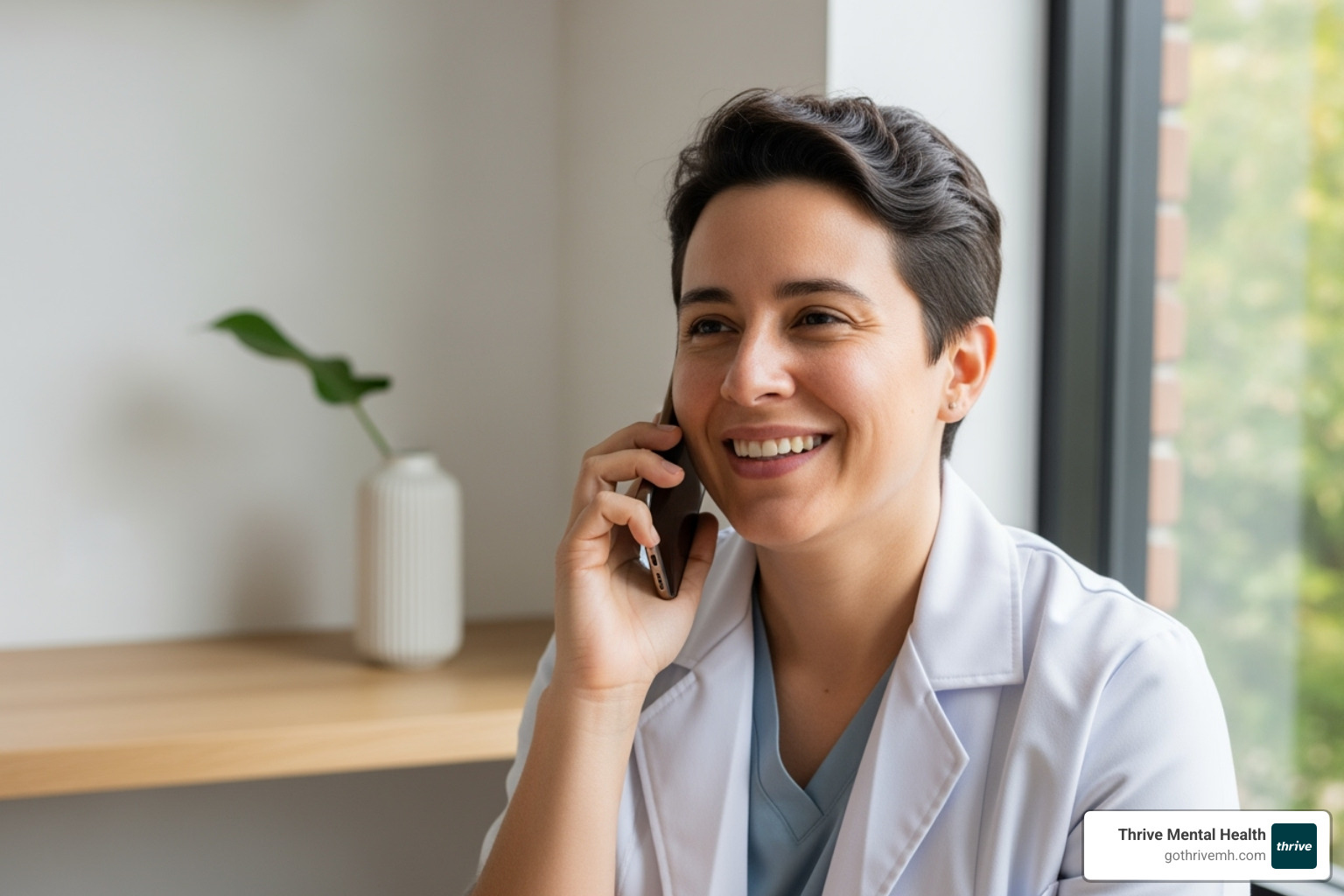 Person on the phone with an admissions coordinator, looking relieved and smiling, in a bright, clean setting - adult virtual iop
