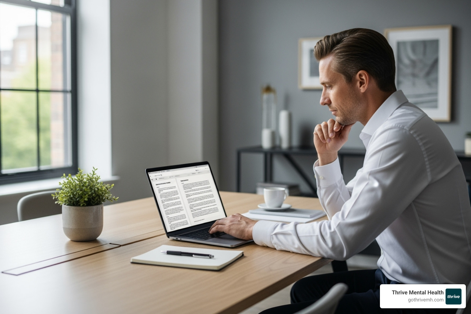 Therapist thoughtfully reviewing research on a computer - evidence based practice occupational therapy mental health
