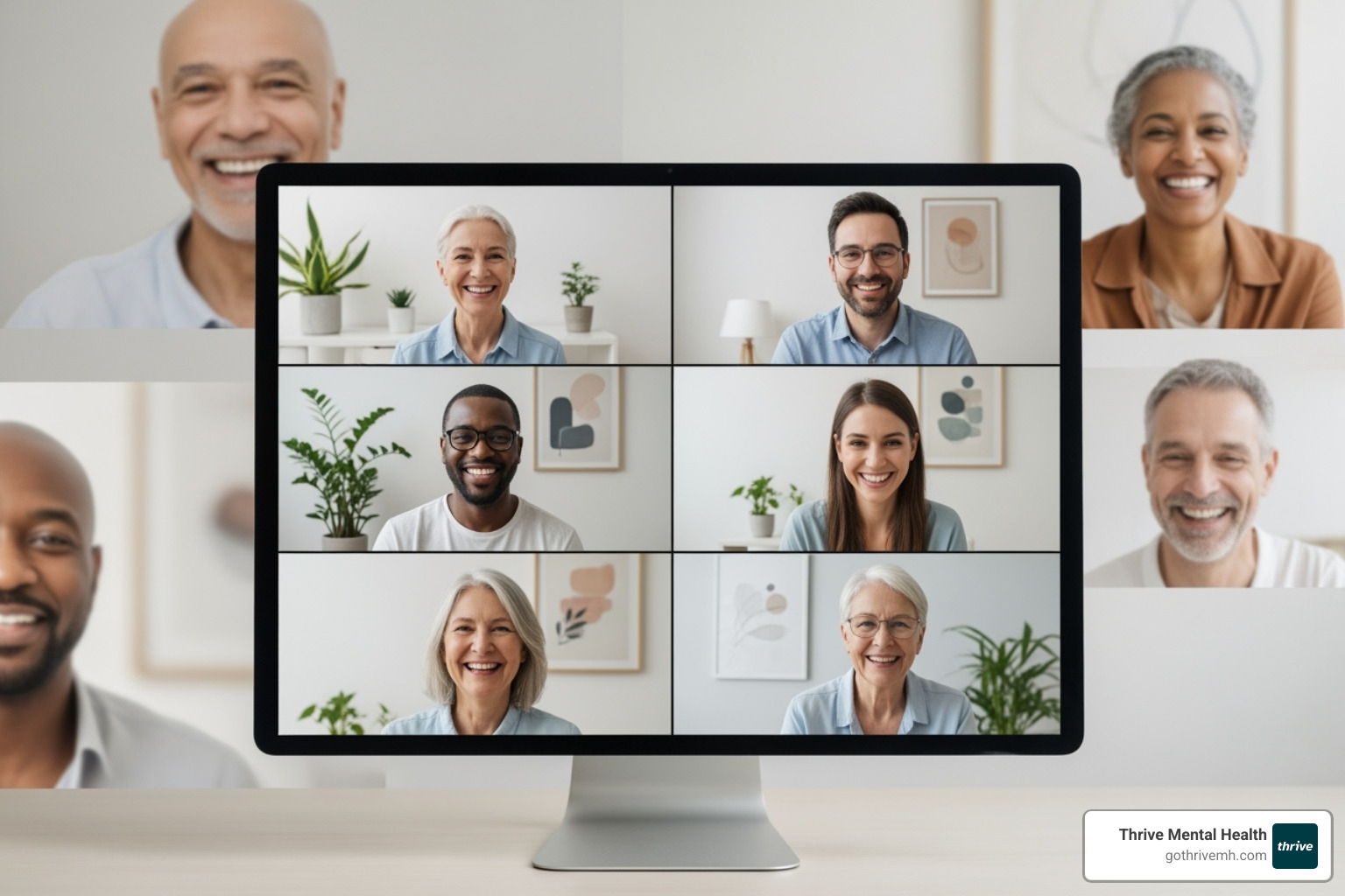 Diverse group of people in a virtual group therapy session grid view, all smiling and engaged, with soft, natural lighting - adult virtual iop