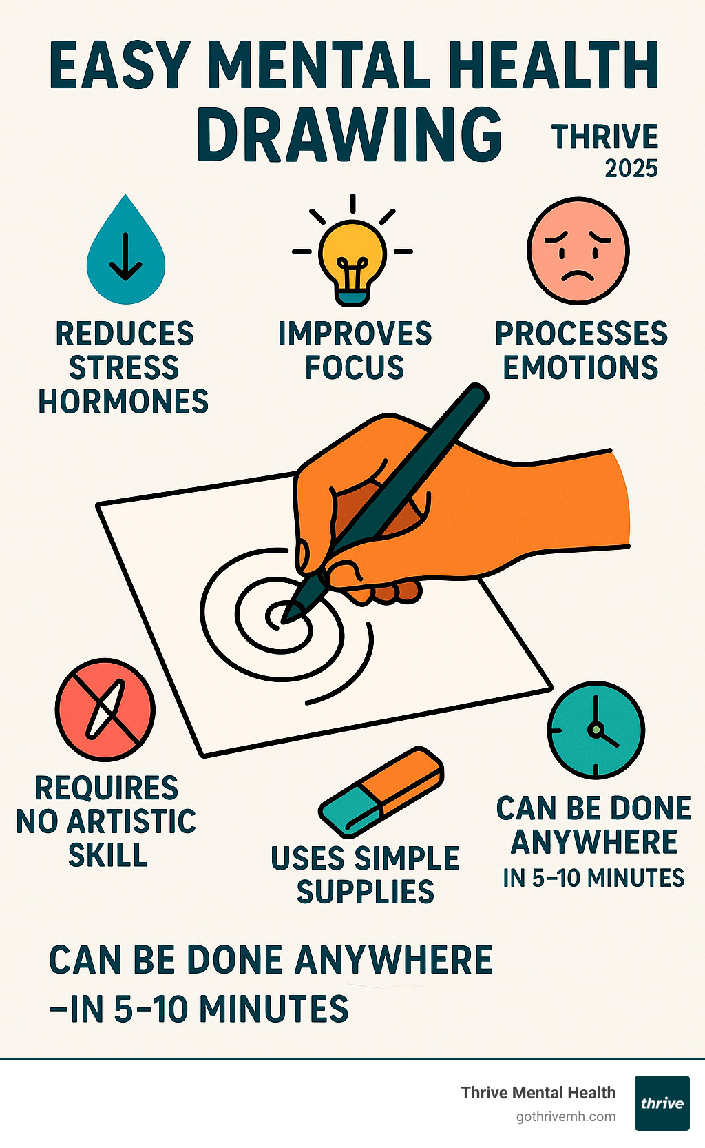 Infographic showing the mental health benefits of drawing: reduces stress hormones, improves focus, processes emotions, requires no artistic skill, uses simple supplies, and can be done anywhere in 5-10 minutes - easy mental health drawing infographic 