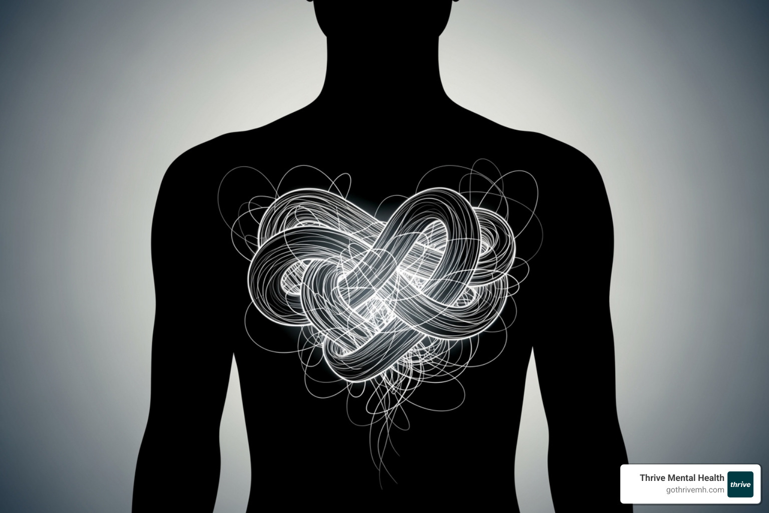 A person's silhouette with a tangled knot in their chest - betrayal trauma