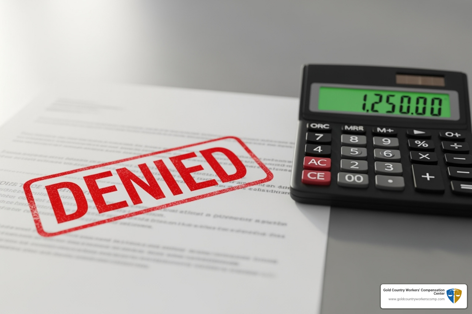 A document with a "Denied" stamp next to a calculator showing potential benefit amounts - social security attorney free consultation