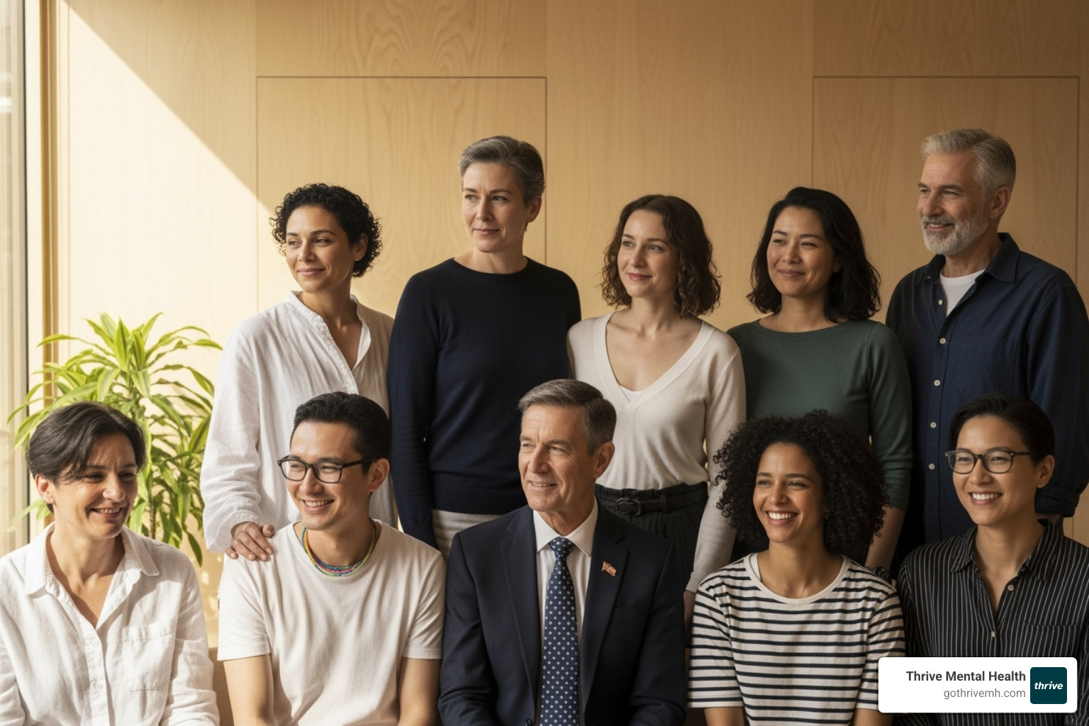 a diverse group of people, including a veteran and LGBTQ+ individuals, smiling and looking supportive - 988 hotline