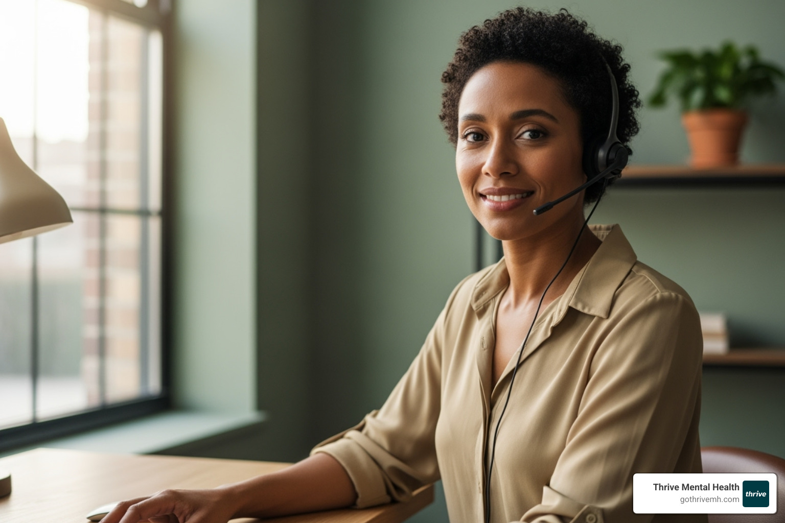 a calm and friendly crisis counselor with a headset - 988 hotline