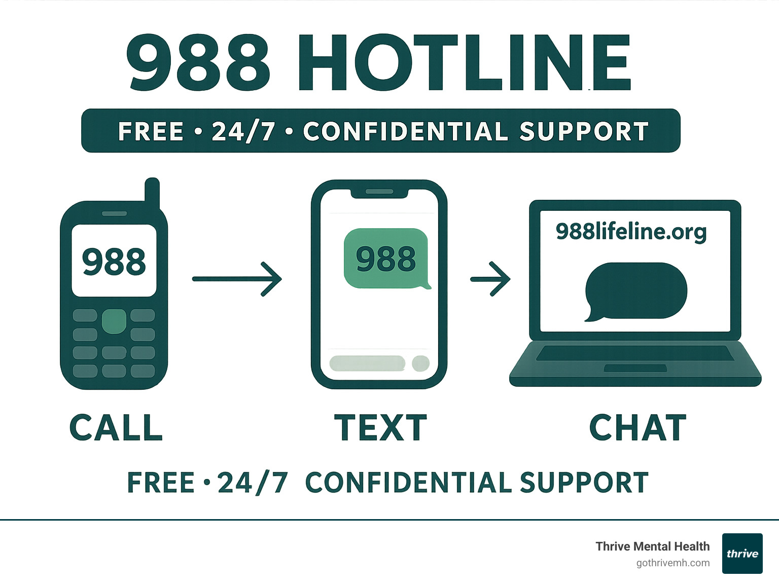 Infographic showing 988 hotline access methods: phone call showing 988 being dialed, smartphone with text message to 988, and laptop screen with chat interface at 988lifeline.org, all connected with arrows and labeled as free 24/7 confidential support - 988 hotline infographic 