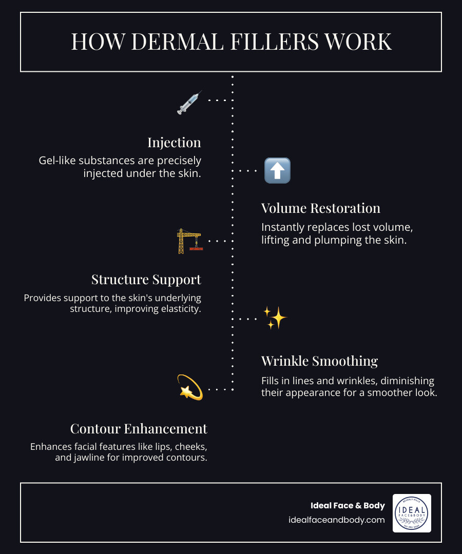 detailed infographic showing how dermal fillers work by injecting gel-like substances under the skin to add volume, support skin structure, smooth wrinkles, and restore youthful facial contours with before and after cross-section diagrams - Dermal Fillers infographic infographic-line-5-steps-dark