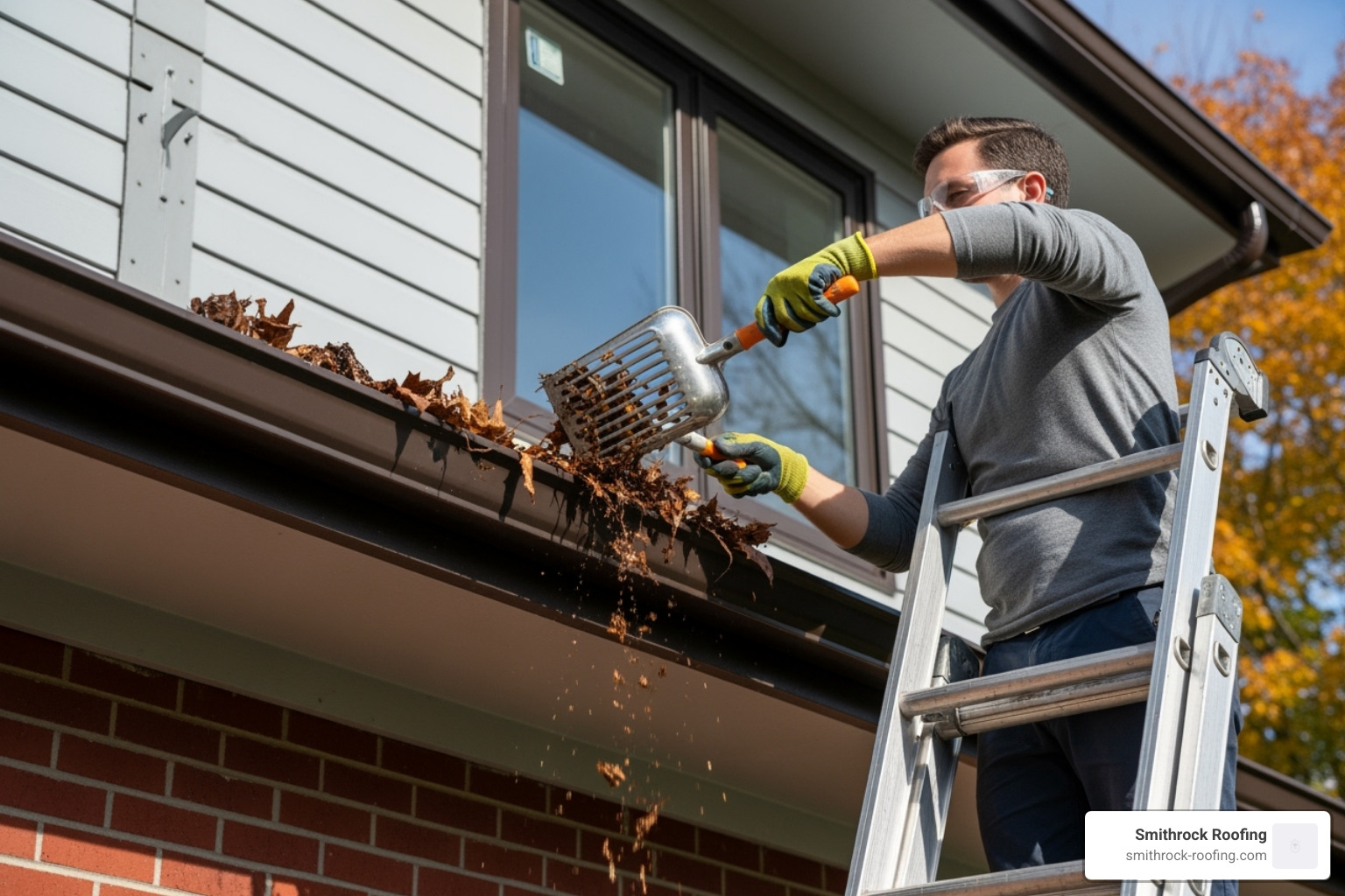 homeowner safely cleaning leaves from a seamless gutter with a scoop - seamless gutter installation