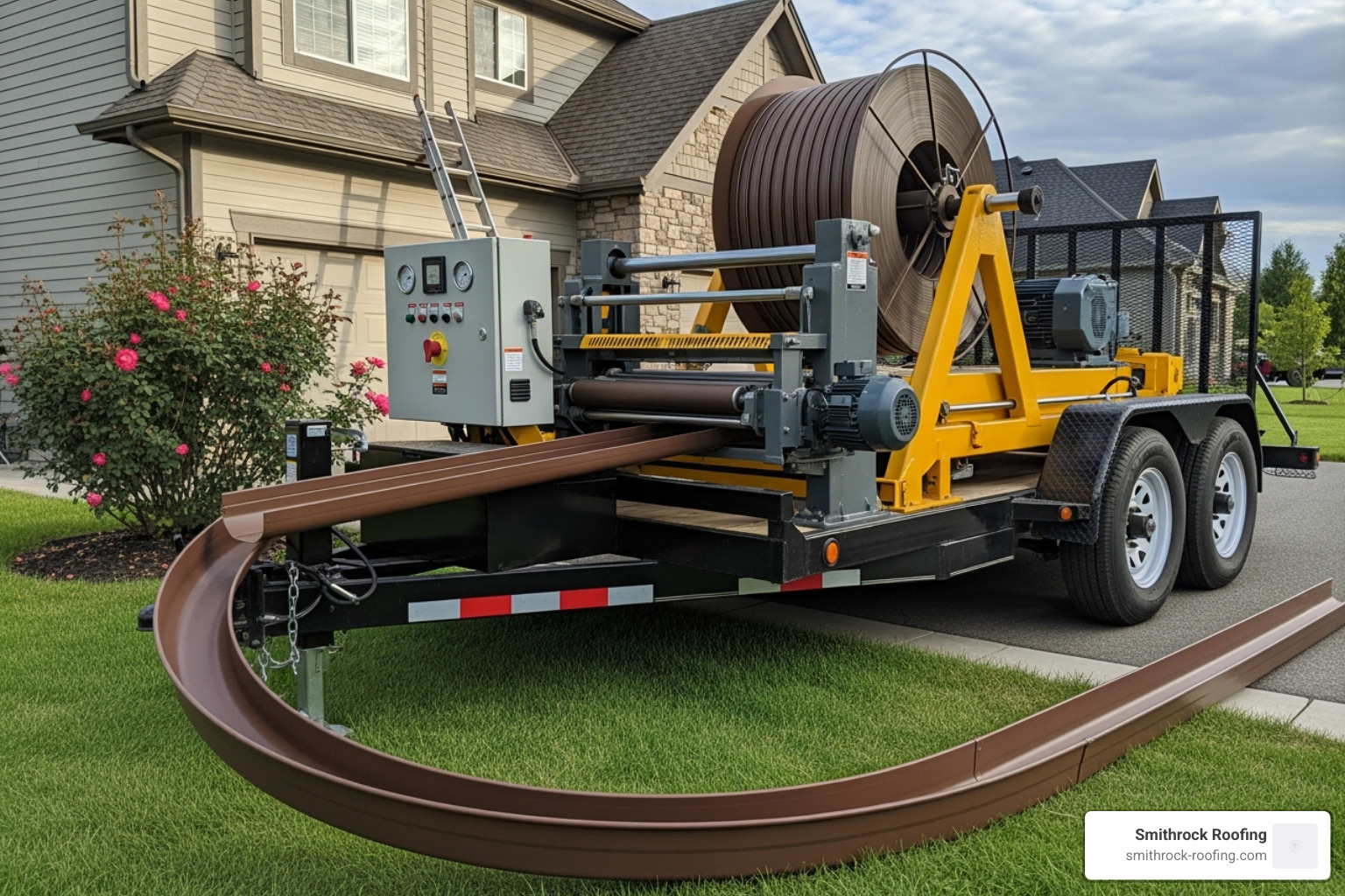 gutter machine on a trailer extruding a long piece of seamless gutter - seamless gutter installation