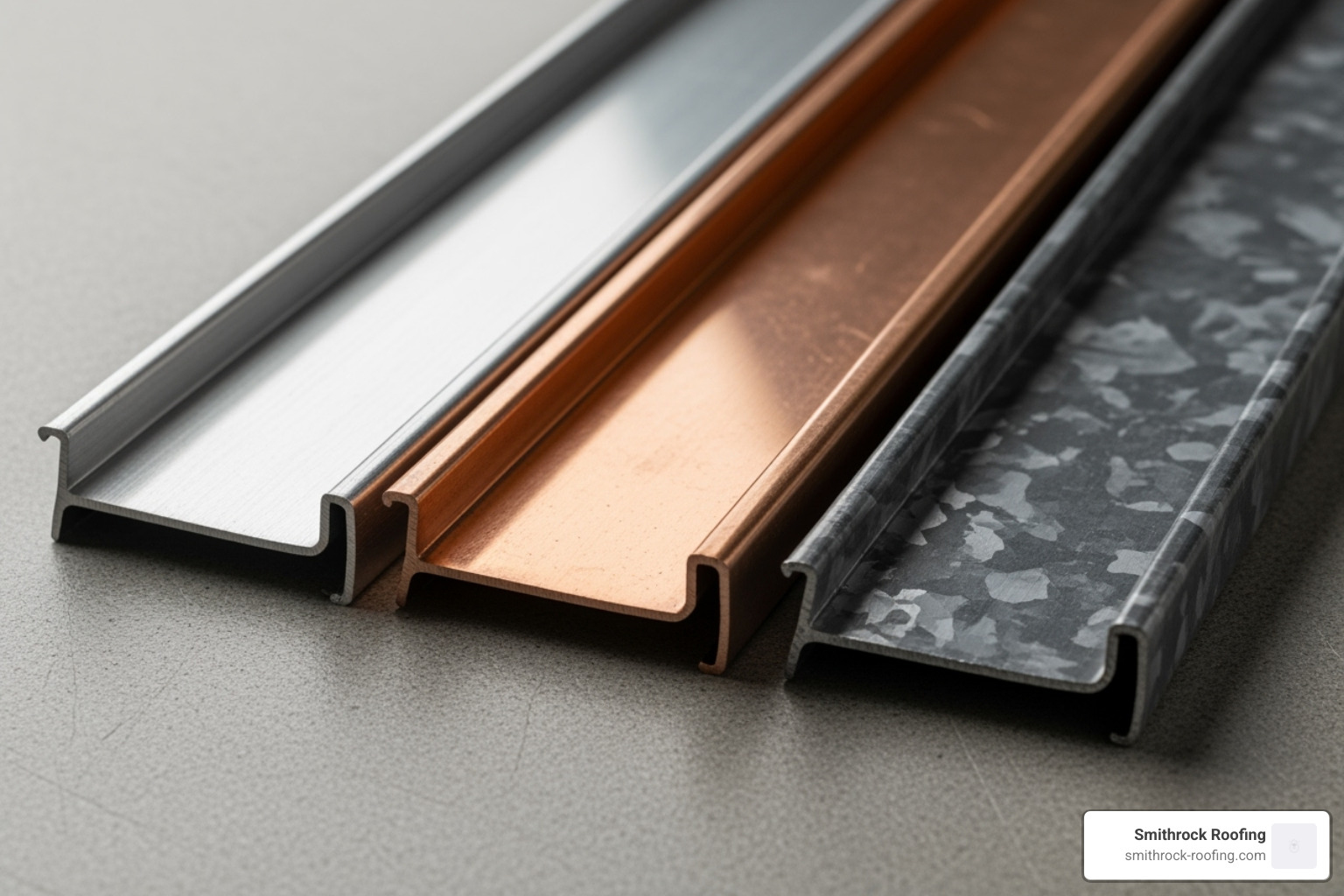 swatches of different gutter materials like aluminum, copper, and steel - seamless gutter installation