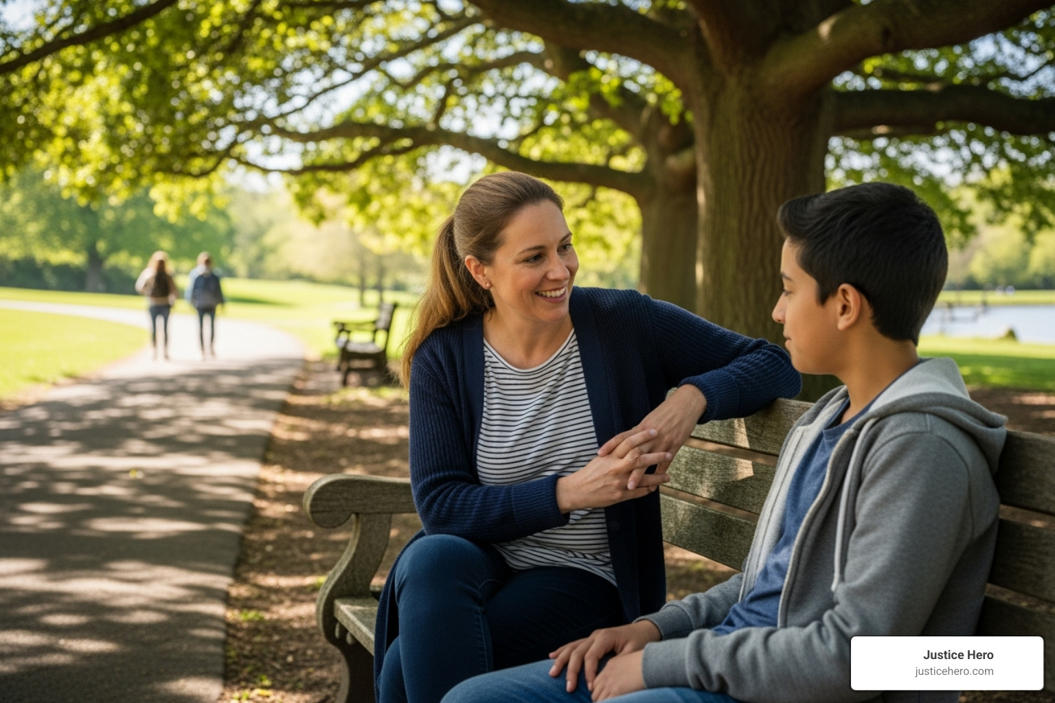 A volunteer talking with a teenager on a bench in a park - casa san diego