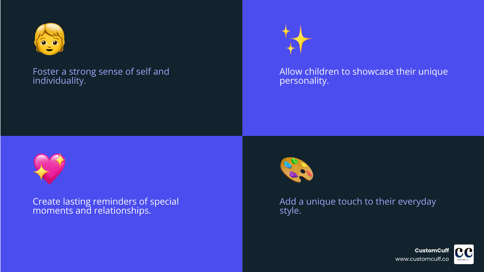 Infographic showing benefits of custom bracelets for kids including identity development, self-expression, cherished memories, and personal flair through safe hypoallergenic materials and durable construction - custom bracelet for kids infographic 4_facts_emoji_blue Infographic showing benefits of custom bracelets for kids including identity development, self-expression, cherished memories, and personal flair through safe hypoallergenic materials and durable construction - custom bracelet for kids infographic 4_facts_emoji_blue