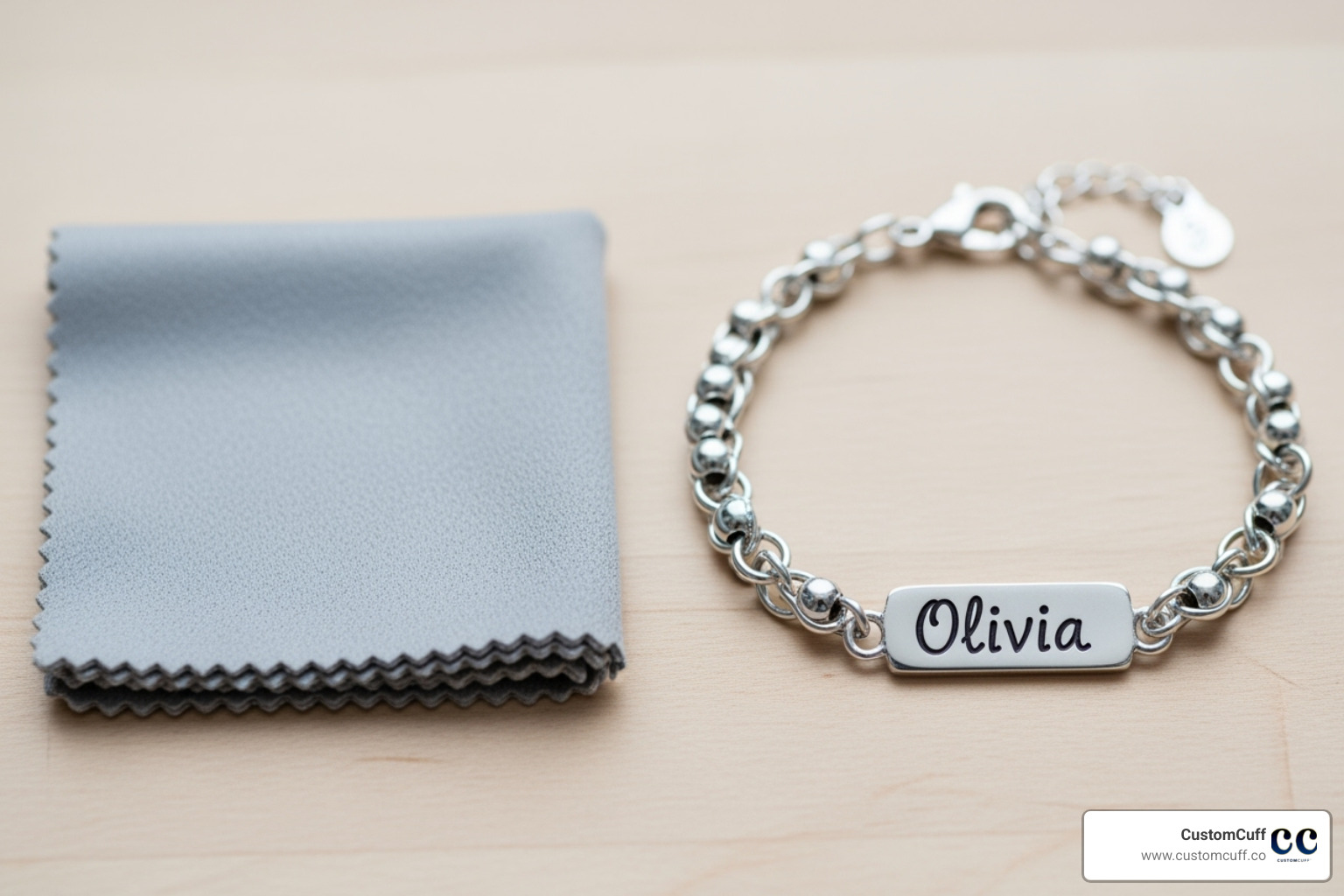 Polishing cloth next to a child's bracelet. Alt text: "How to care for a CustomCuff kids' bracelet." - custom bracelet for kids Polishing cloth next to a child's bracelet. Alt text: "How to care for a CustomCuff kids' bracelet." - custom bracelet for kids