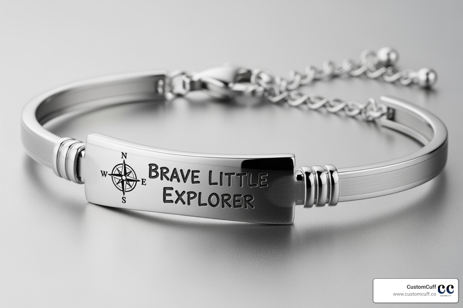 Close-up on an engraved metal bracelet from CustomCuff. Alt text: "CustomCuff engraved metal bracelet for kids." - custom bracelet for kids Close-up on an engraved metal bracelet from CustomCuff. Alt text: "CustomCuff engraved metal bracelet for kids." - custom bracelet for kids