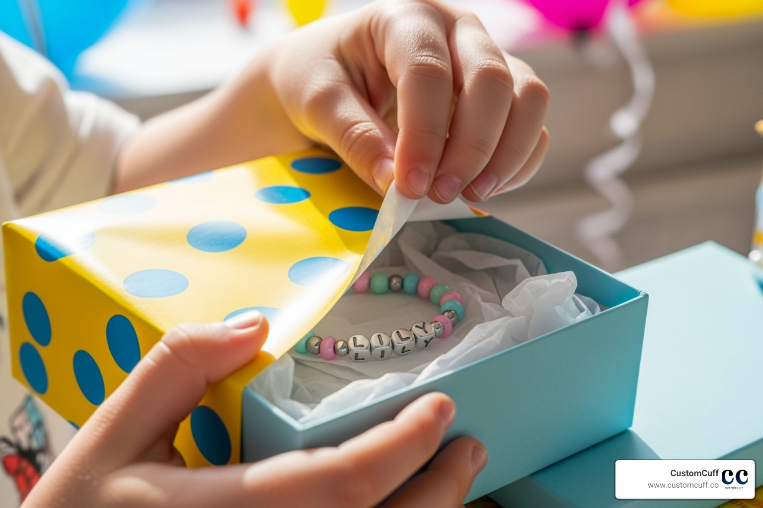 A custom bracelet being unwrapped as a birthday gift, highlighting occasions like birthdays, milestones, holidays, friendship celebrations, school spirit, and fundraising success. - custom bracelet for kids A custom bracelet being unwrapped as a birthday gift, highlighting occasions like birthdays, milestones, holidays, friendship celebrations, school spirit, and fundraising success. - custom bracelet for kids