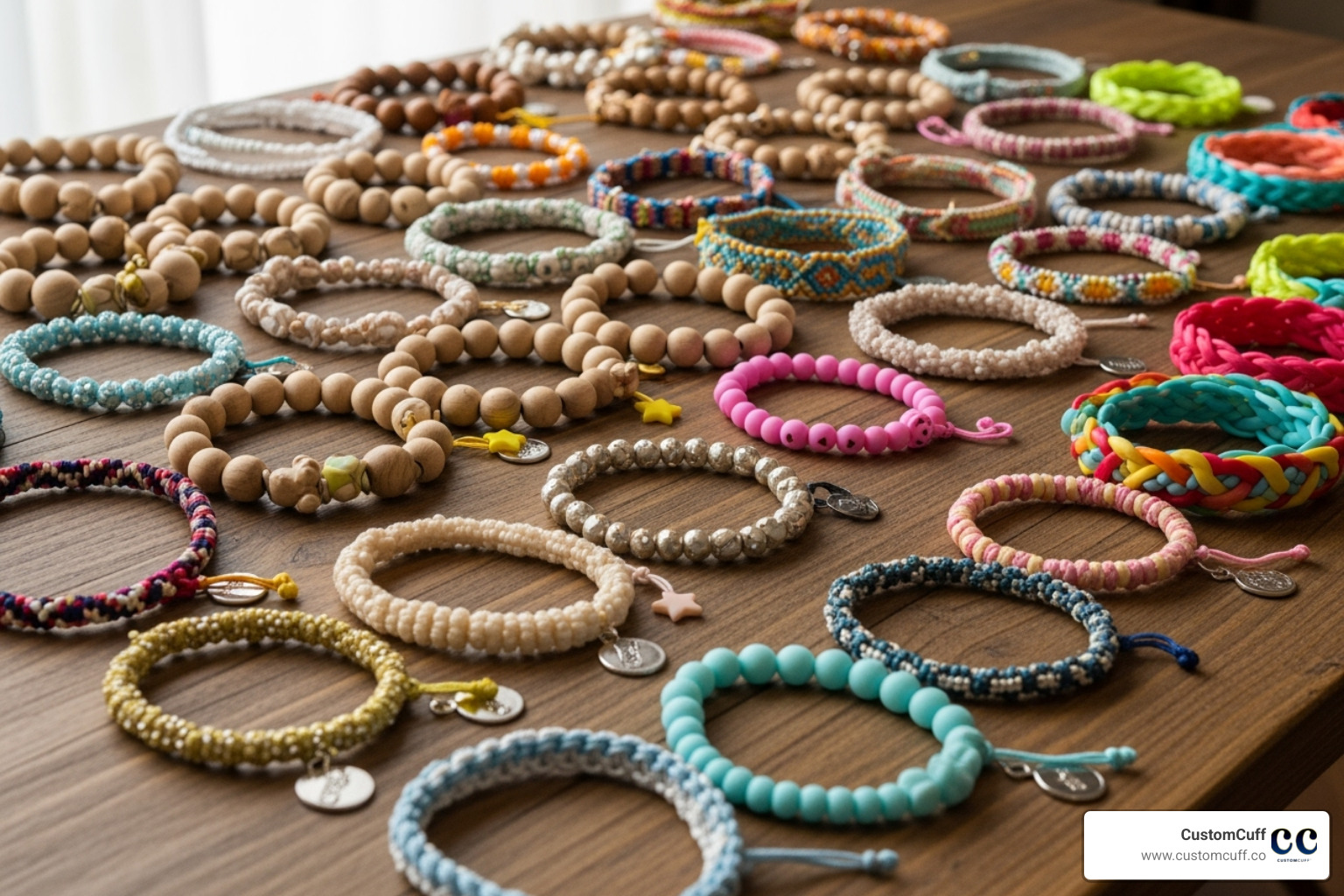 A diverse collection of kids' bracelets from CustomCuff, showing different materials and styles. Alt text: "CustomCuff kids' bracelets in various styles and materials." - custom bracelet for kids A diverse collection of kids' bracelets from CustomCuff, showing different materials and styles. Alt text: "CustomCuff kids' bracelets in various styles and materials." - custom bracelet for kids