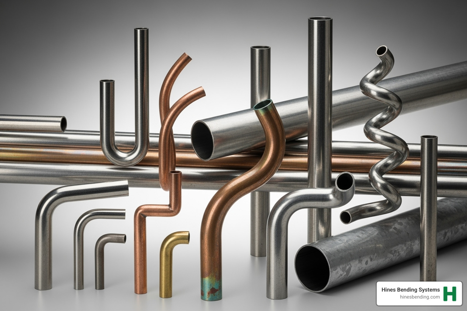 Image showing a variety of bent tubes of different materials and sizes, showcasing the versatility of CNC bending - CNC bending services