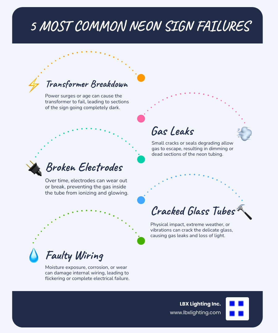 Infographic showing the 5 most common neon sign failures: 1) Transformer breakdown from power surges, 2) Gas leaks causing dim sections, 3) Broken electrodes from age, 4) Cracked glass tubes from weather damage, 5) Faulty wiring from moisture exposure - neon sign repair houston infographic infographic-line-5-steps-blues-accent_colors