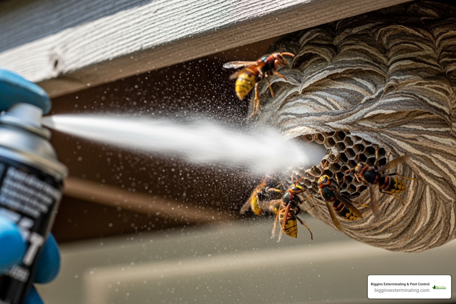 long-range aerosol insecticide spray aimed at hornet nest entrance - exterminating hornets nest
