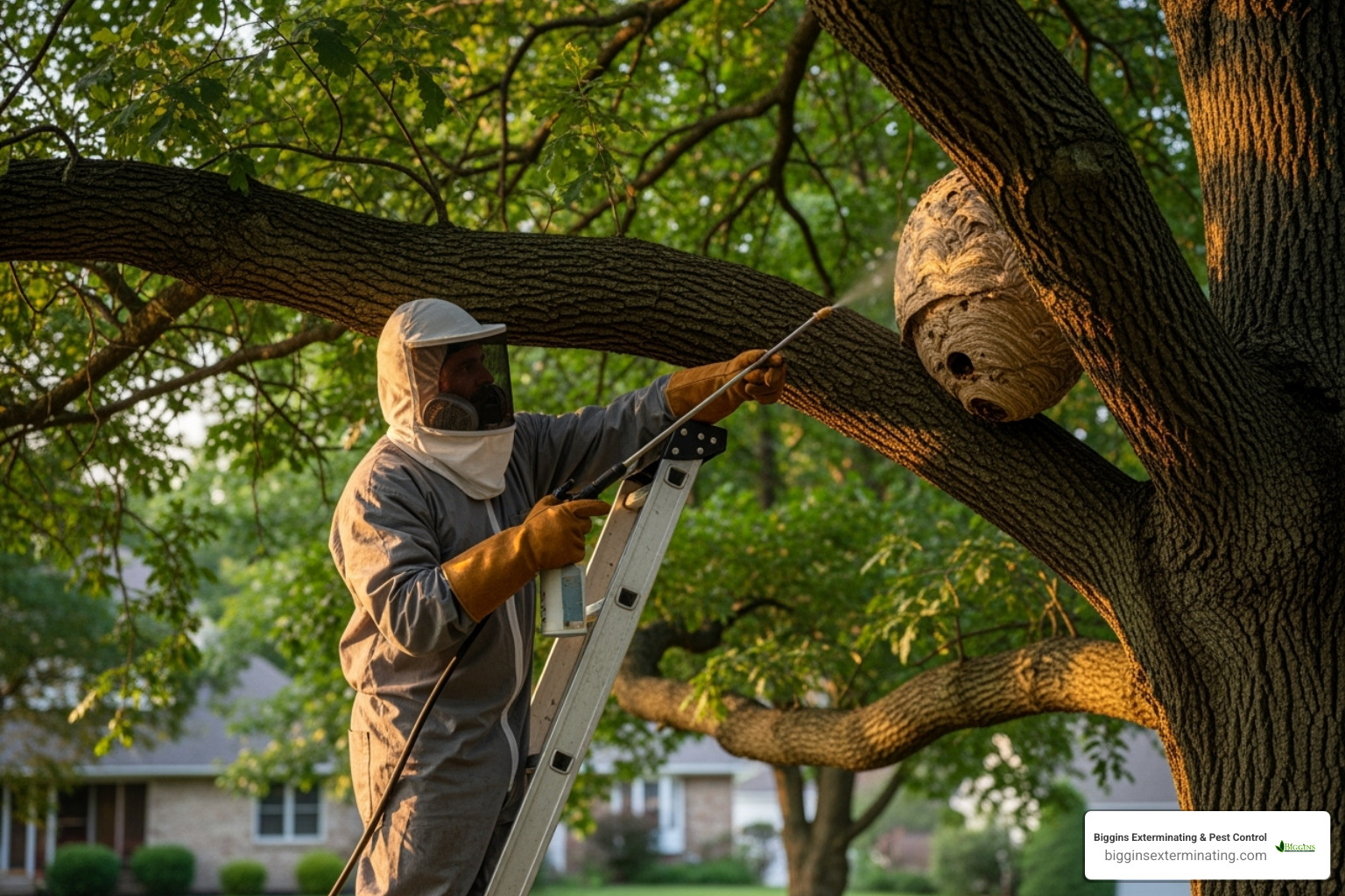 professional exterminator safely treating large hornet nest on tall tree branch - exterminating hornets nest