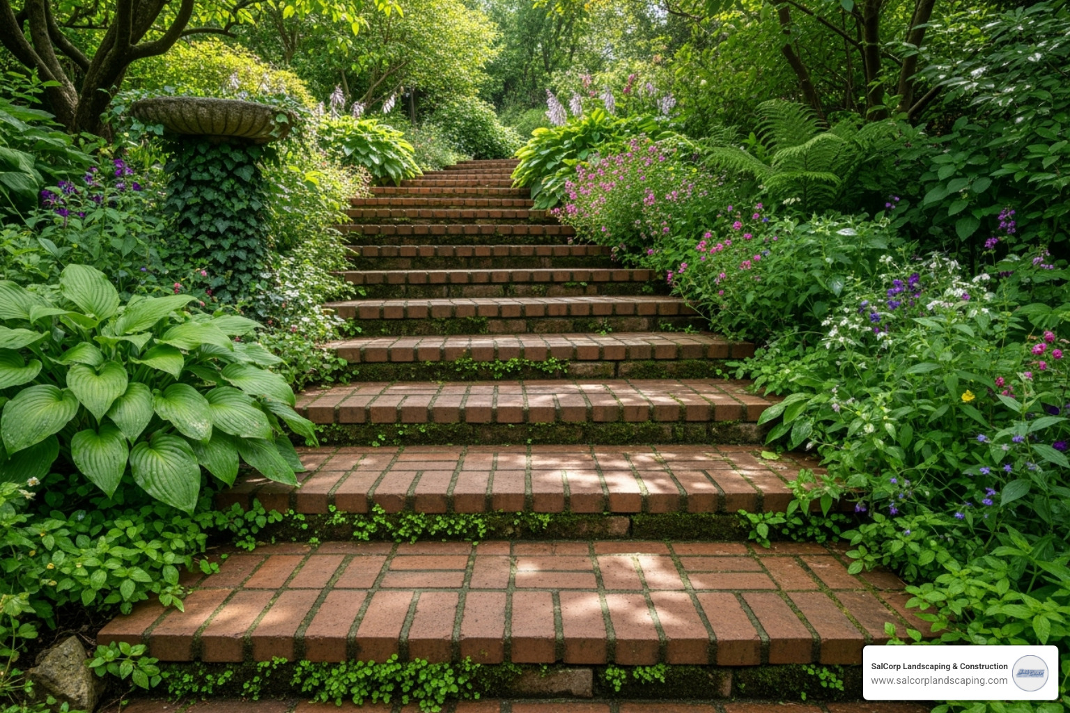 of clean, well-maintained brick stairs in a garden setting - Brick Steps and Stairs Installation of clean, well-maintained brick stairs in a garden setting - Brick Steps and Stairs Installation