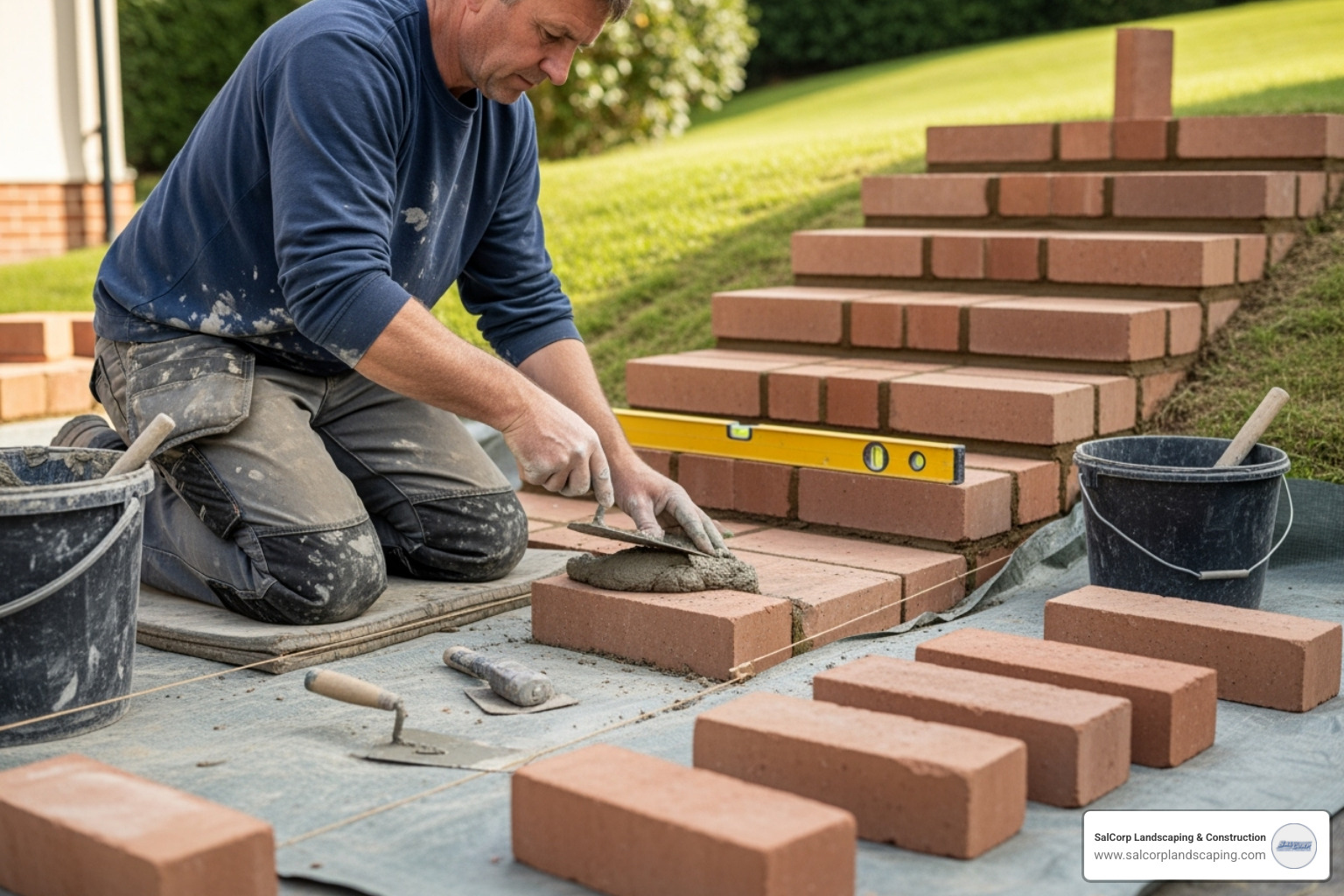 of a mason laying bricks for stairs with tools visible - Brick Steps and Stairs Installation of a mason laying bricks for stairs with tools visible - Brick Steps and Stairs Installation