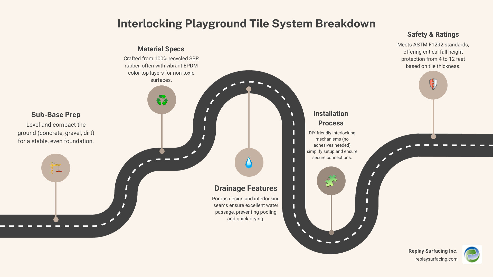 Comprehensive breakdown showing playground tile system components from sub-base preparation through interlocking rubber tile installation, including drainage features, safety ratings, and material composition of recycled SBR rubber - interlocking outdoor playground tiles in Charlotte NC infographic roadmap-5-steps