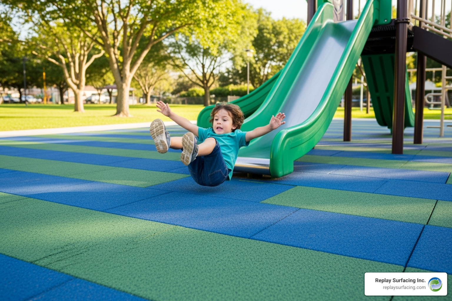 Diagram illustrating critical fall height with a child falling from playground equipment onto a cushioned surface - interlocking outdoor playground tiles