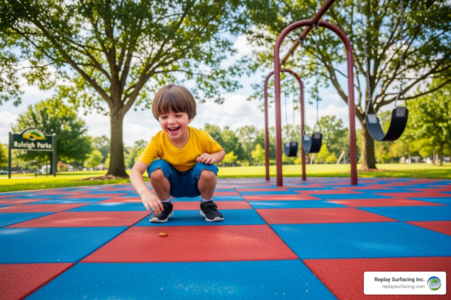 Child playing safely on rubber tiles next to a swing set in a local park in the Greater Toronto Area.