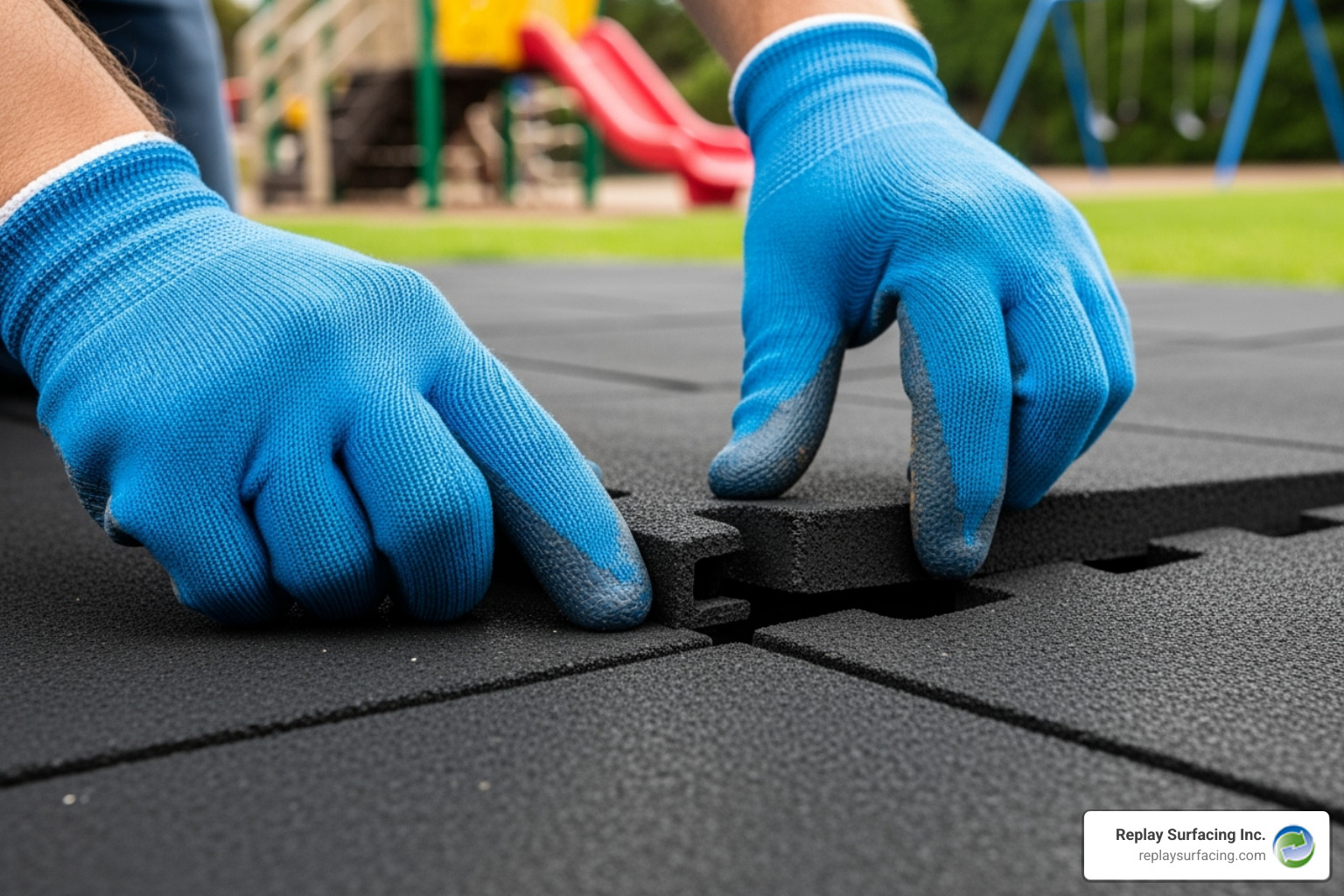 Person easily connecting two interlocking playground tiles in a local playground in Beaverton OR - interlocking outdoor playground tiles
