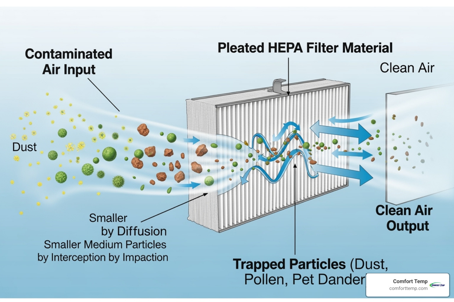 A diagram showing how a HEPA filter traps dust, pollen, and pet dander - air cleaner vs humidifier A diagram showing how a HEPA filter traps dust, pollen, and pet dander - air cleaner vs humidifier