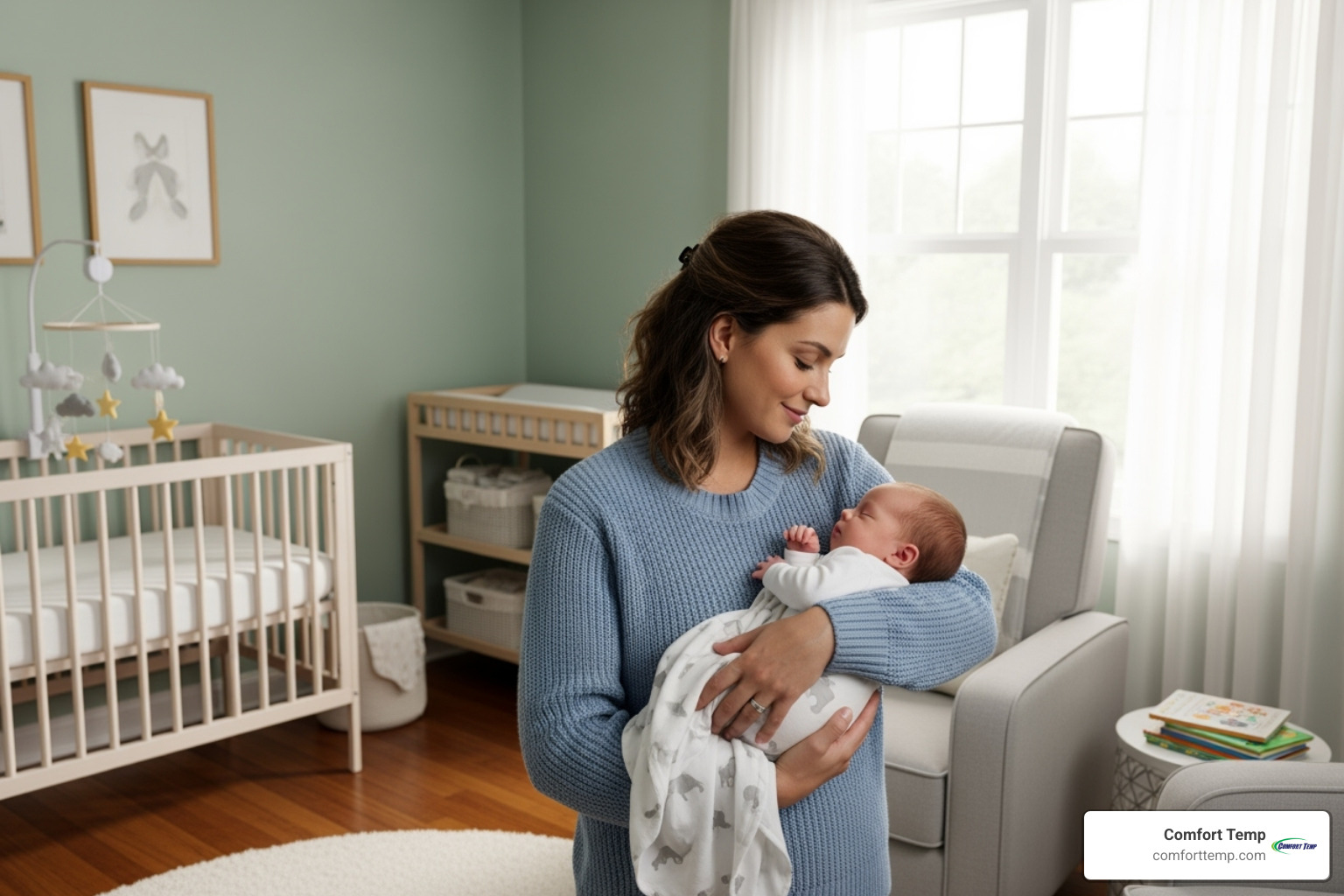 A mother and baby in a clean, comfortable nursery - air cleaner vs humidifier A mother and baby in a clean, comfortable nursery - air cleaner vs humidifier