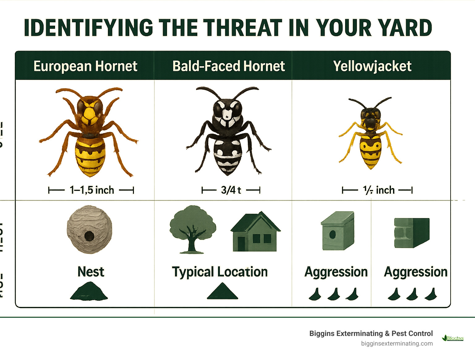Detailed comparison infographic showing visual differences between European hornets (large, brown and yellow, 1-1.5 inches), bald-faced hornets (black and white, 3/4 inch), and yellowjackets (smaller, bright yellow and black stripes, 1/2 inch), including nest characteristics, typical locations, and aggression levels - exterminating hornets nest infographic 