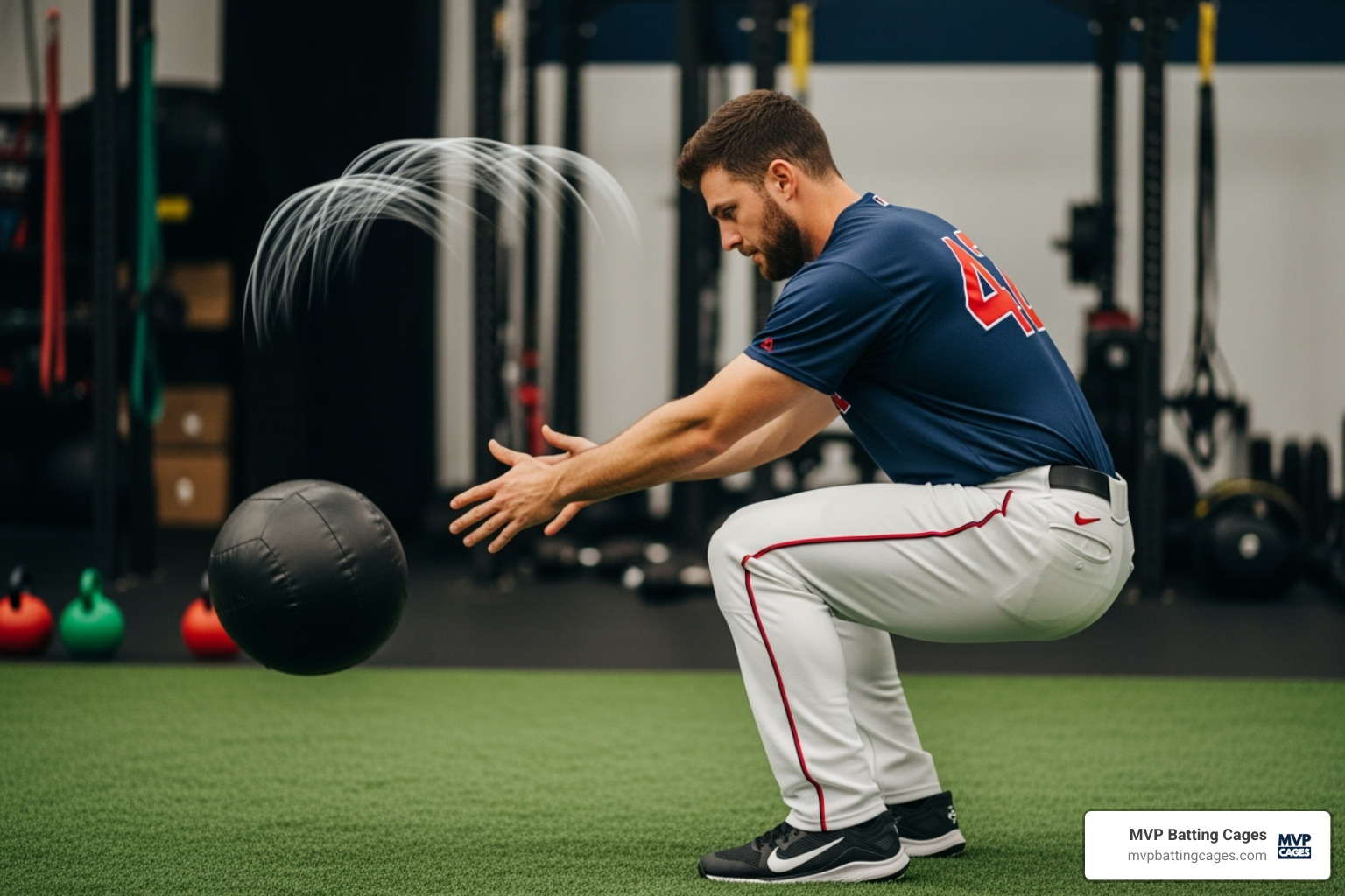 A baseball player performing a medicine ball slam, demonstrating an explosive power exercise - baseball training