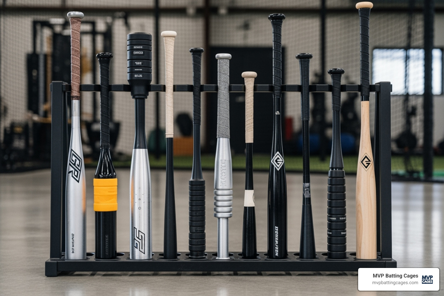 A collection of various baseball training bats, including weighted bats and specialized hitting tools - baseball training