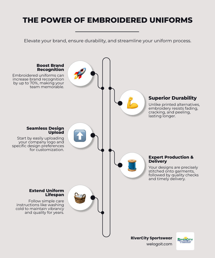 Infographic showing embroidered uniform benefits: 70% brand recognition increase, durability comparison vs printed uniforms, typical order process from logo upload to delivery, cost breakdown 