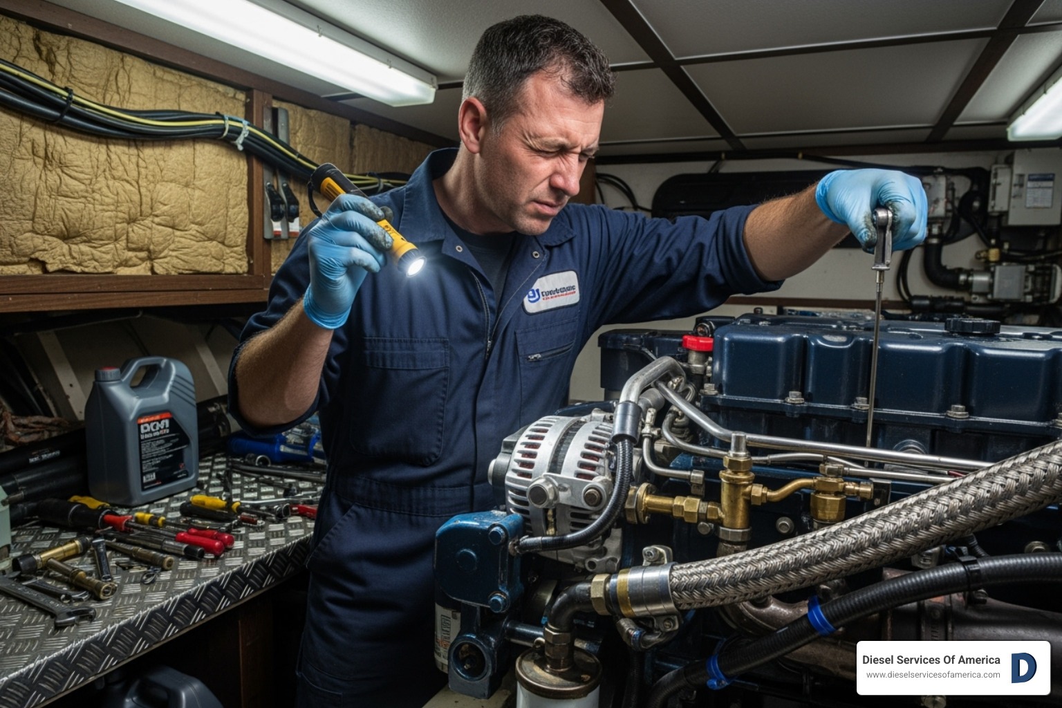 technician checking the oil level on a marine diesel engine - marine cummins engine repair