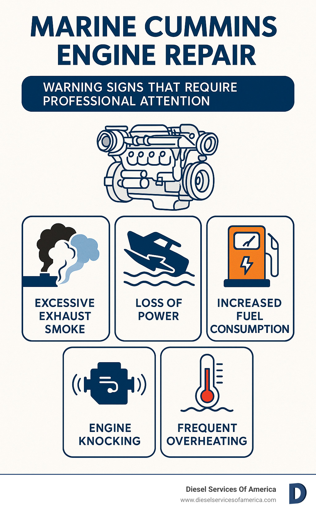 Infographic showing the 5 critical warning signs that indicate your marine Cummins engine needs professional repair attention: excessive exhaust smoke in different colors, sudden power loss during operation, dramatically increased fuel consumption, unusual knocking or grinding noises from the engine compartment, and frequent overheating despite proper coolant levels - marine cummins engine repair infographic 