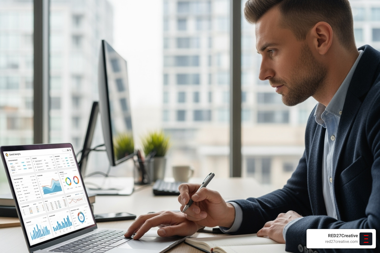marketer analyzing social media analytics on a laptop - Lead generation social media marketer analyzing social media analytics on a laptop - Lead generation social media