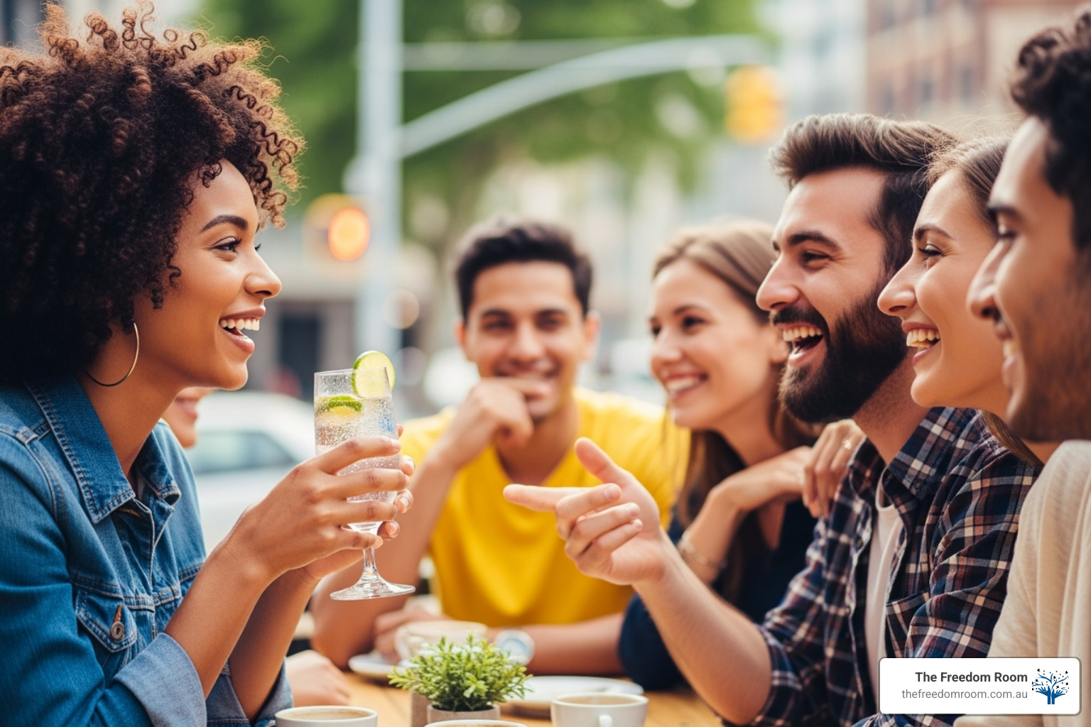A diverse group of young adults in a social setting, laughing and talking, with one person holding a non-alcoholic drink, conveying a sense of community and healthy socialising - binge drinking A diverse group of young adults in a social setting, laughing and talking, with one person holding a non-alcoholic drink, conveying a sense of community and healthy socialising - binge drinking