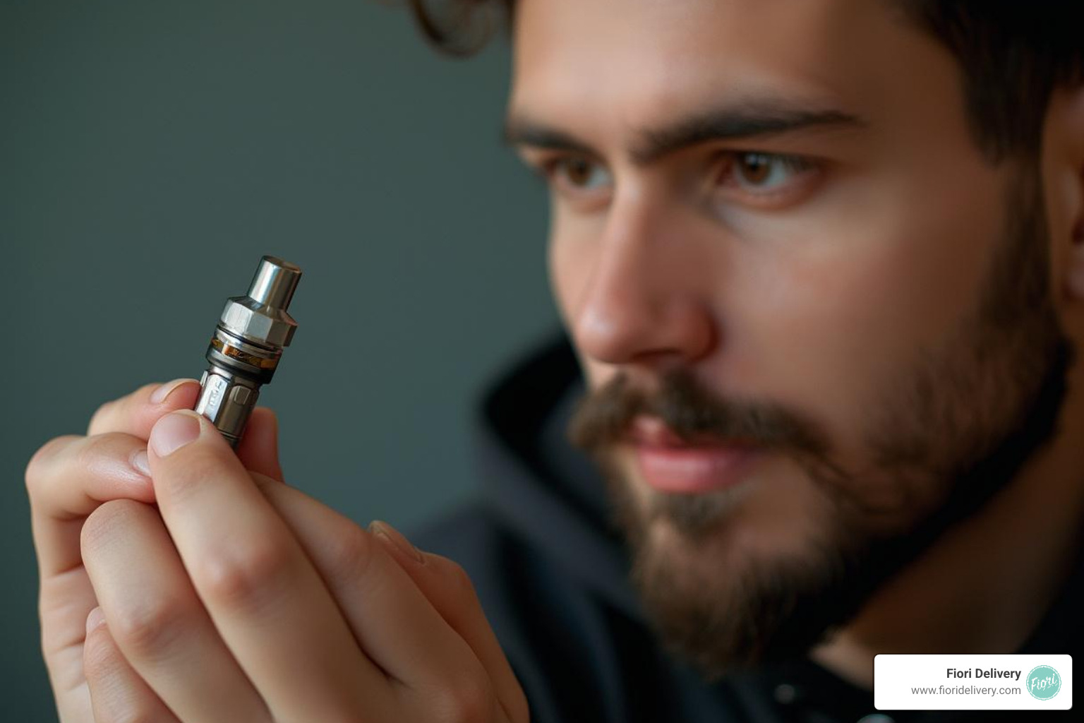 person thoughtfully looking at a vape cartridge - coldfire extraction