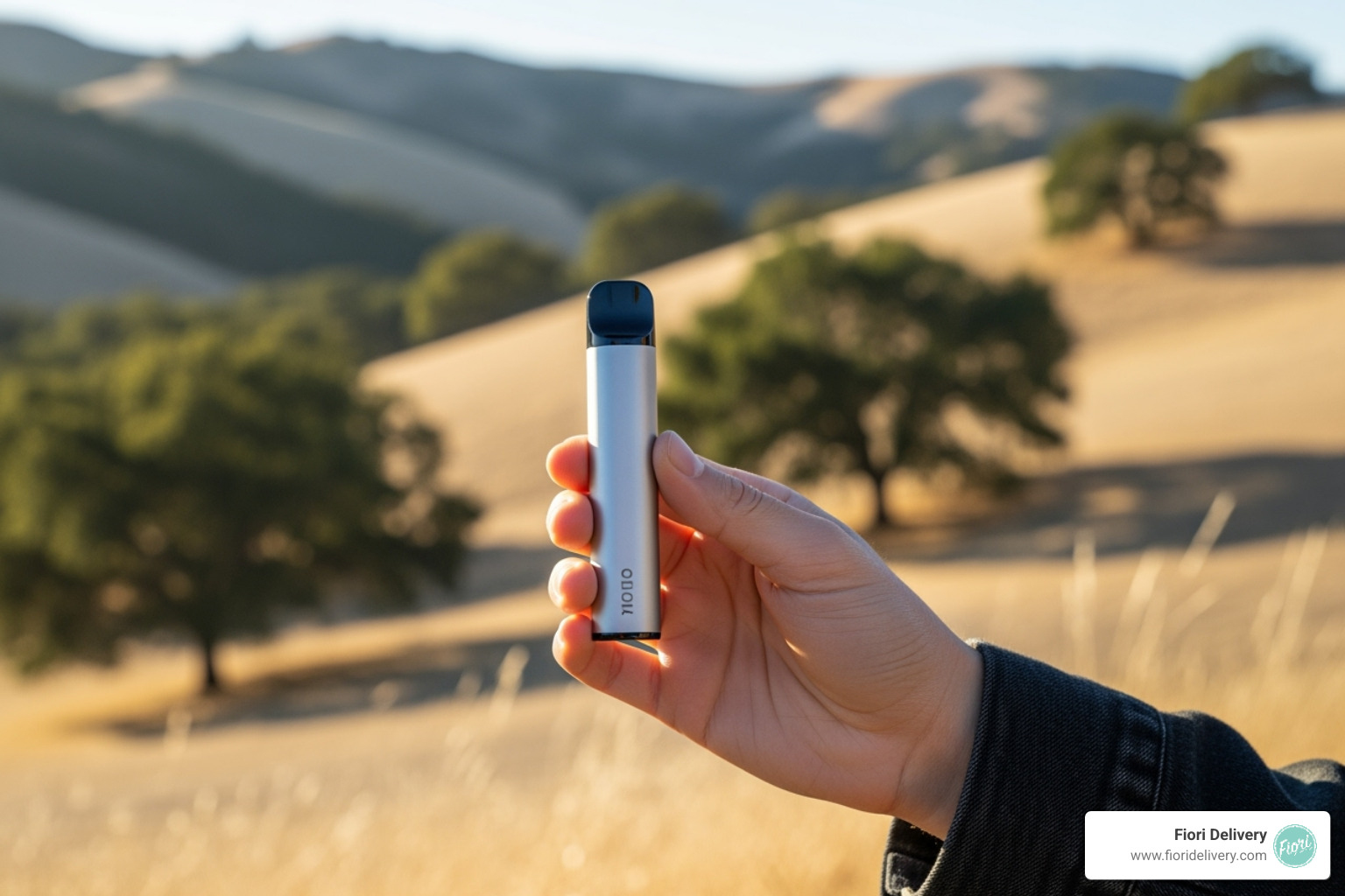 Person discreetly holding a sleek disposable vape pen in a scenic California setting - disposable thc vape pen california