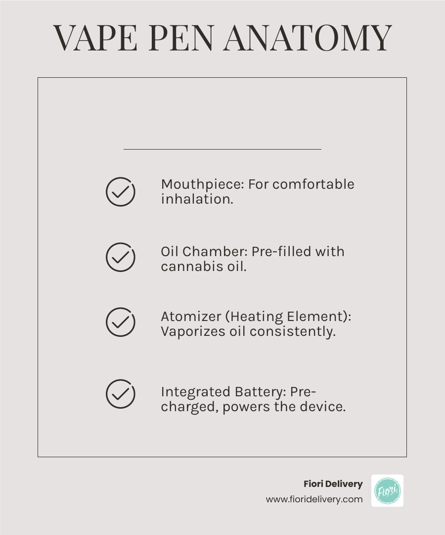 Infographic showing the anatomy of a disposable vape pen with labeled components: integrated rechargeable battery at the bottom, ceramic heating element in the middle, pre-filled oil chamber, and mouthpiece at the top, with arrows indicating airflow path and activation method - Disposable weed vapes online infographic checklist-light-beige